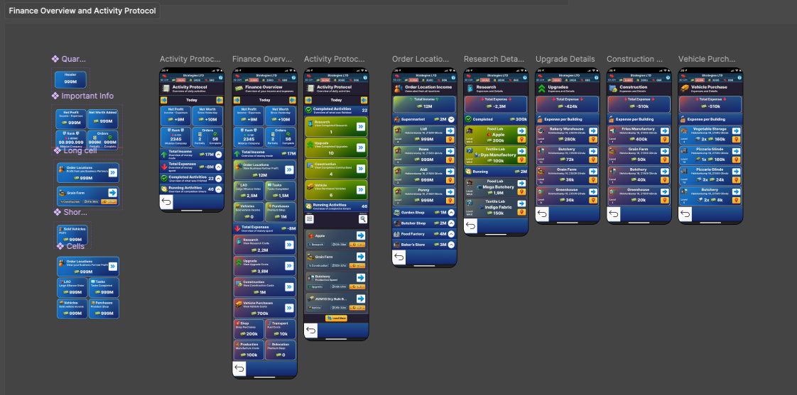 Figma mockups showing interface variations and subpages